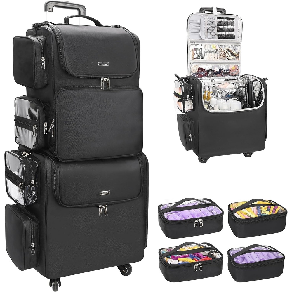 image:imageRelavel Rolling Makeup Train Case Hairstylist Traveling Bag with 4 Wheels Heat Insulation Full Layer Adjustable Dividers Hair Tools and Cosmetics Storage Organizer Trolley Suitcase Makeup CartBlackhair stylist backpack