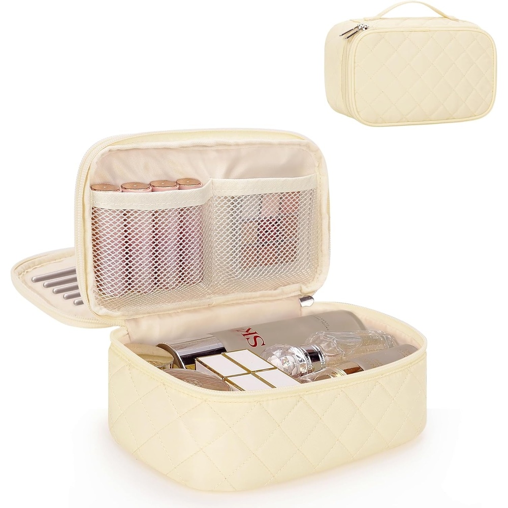 image:imageRelavel Travel Makeup Bag Large Floral Cosmetic Bag with Makeup Brush Compartment Portable Makeup Pouch for Women Double Layer Makeup Organizer Bag Cute Toiletry Bag02White