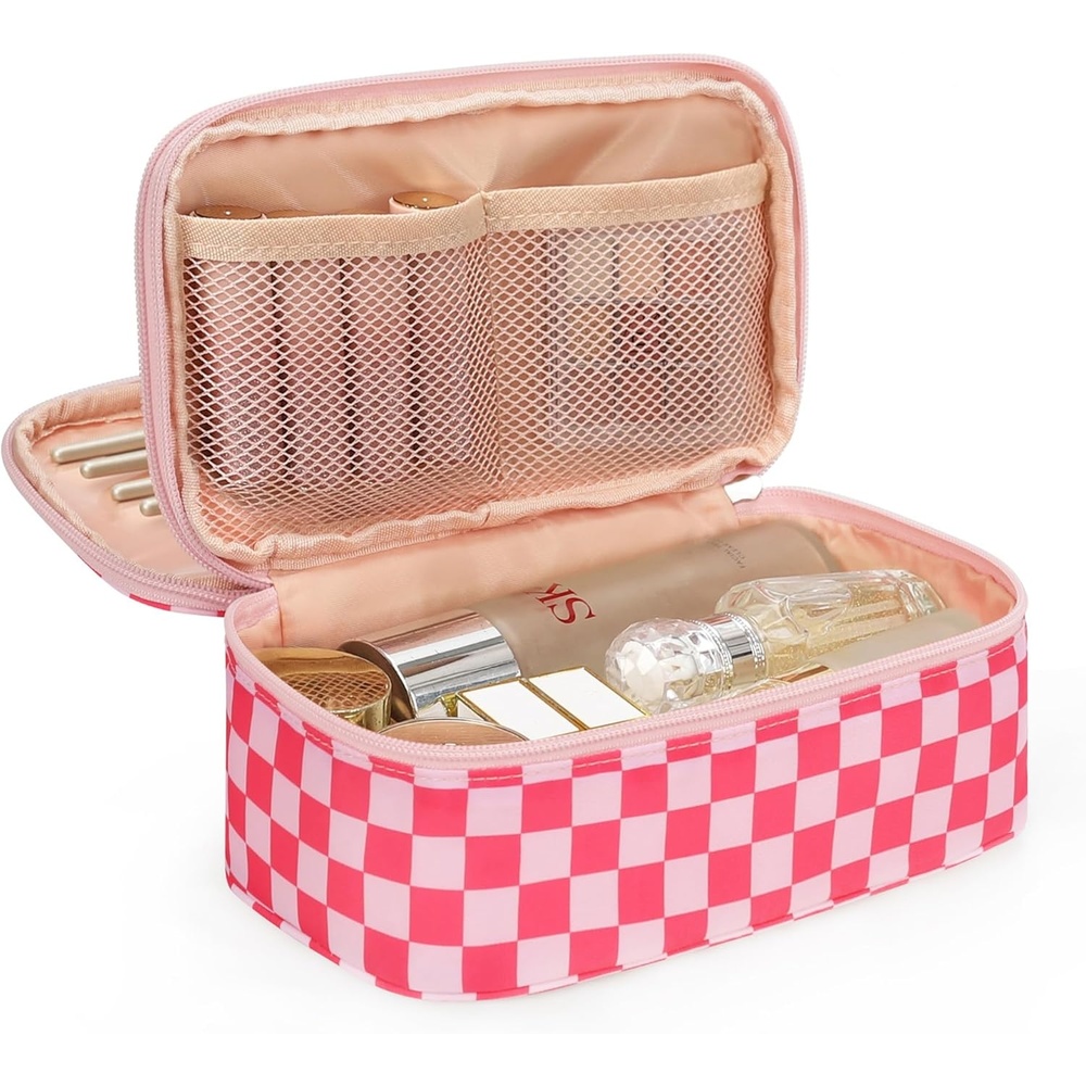 image:imageRelavel Travel Makeup Bag Large Floral Cosmetic Bag with Makeup Brush Compartment Portable Makeup Pouch for Women Double Layer Makeup Organizer Bag Cute Toiletry Bag01AHot Pink CheckBoard