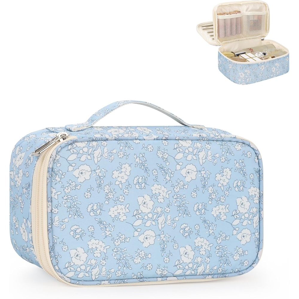 image:imageRelavel Travel Makeup Bag Large Floral Cosmetic Bag with Makeup Brush Compartment Portable Makeup Pouch for Women Double Layer Makeup Organizer Bag Cute Toiletry Bag01AWhite Flower