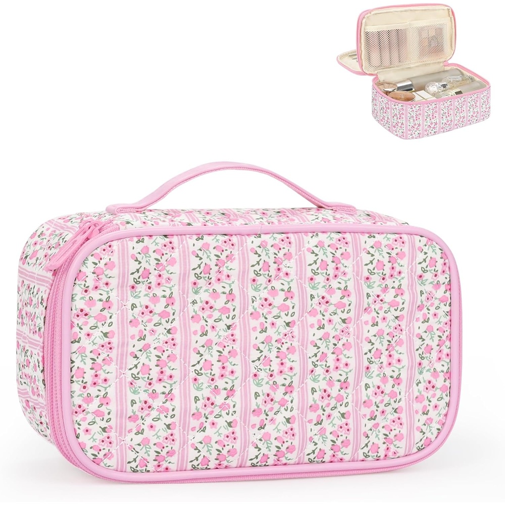 image:imageRelavel Travel Makeup Bag Large Floral Cosmetic Bag with Makeup Brush Compartment Portable Makeup Pouch for Women Double Layer Makeup Organizer Bag Cute Toiletry Bag01CFloral Pink