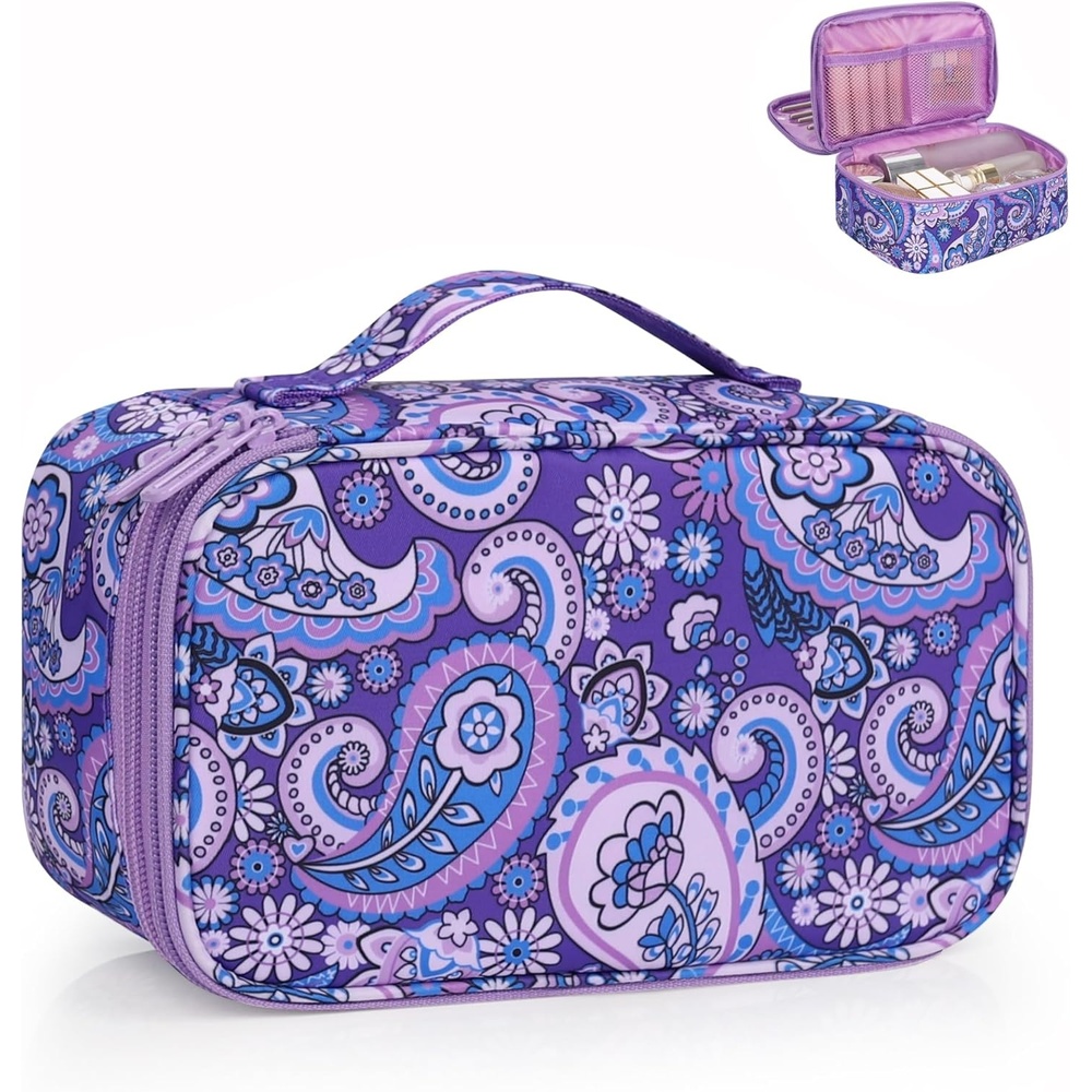 image:imageRelavel Travel Makeup Bag Large Floral Cosmetic Bag with Makeup Brush Compartment Portable Makeup Pouch for Women Double Layer Makeup Organizer Bag Cute Toiletry Bag01BFloral Purple