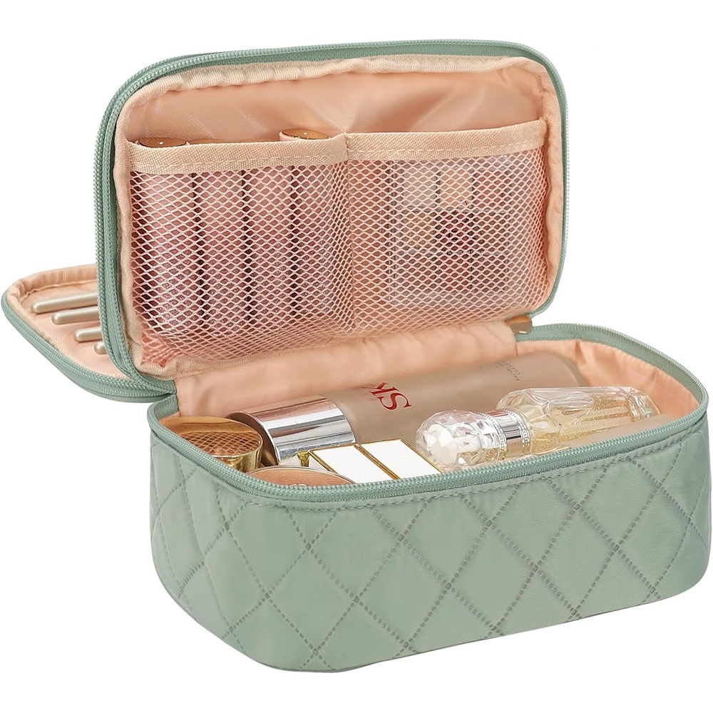 image:imageRelavel Travel Makeup Bag Large Floral Cosmetic Bag with Makeup Brush Compartment Portable Makeup Pouch for Women Double Layer Makeup Organizer Bag Cute Toiletry Bag01AGreen