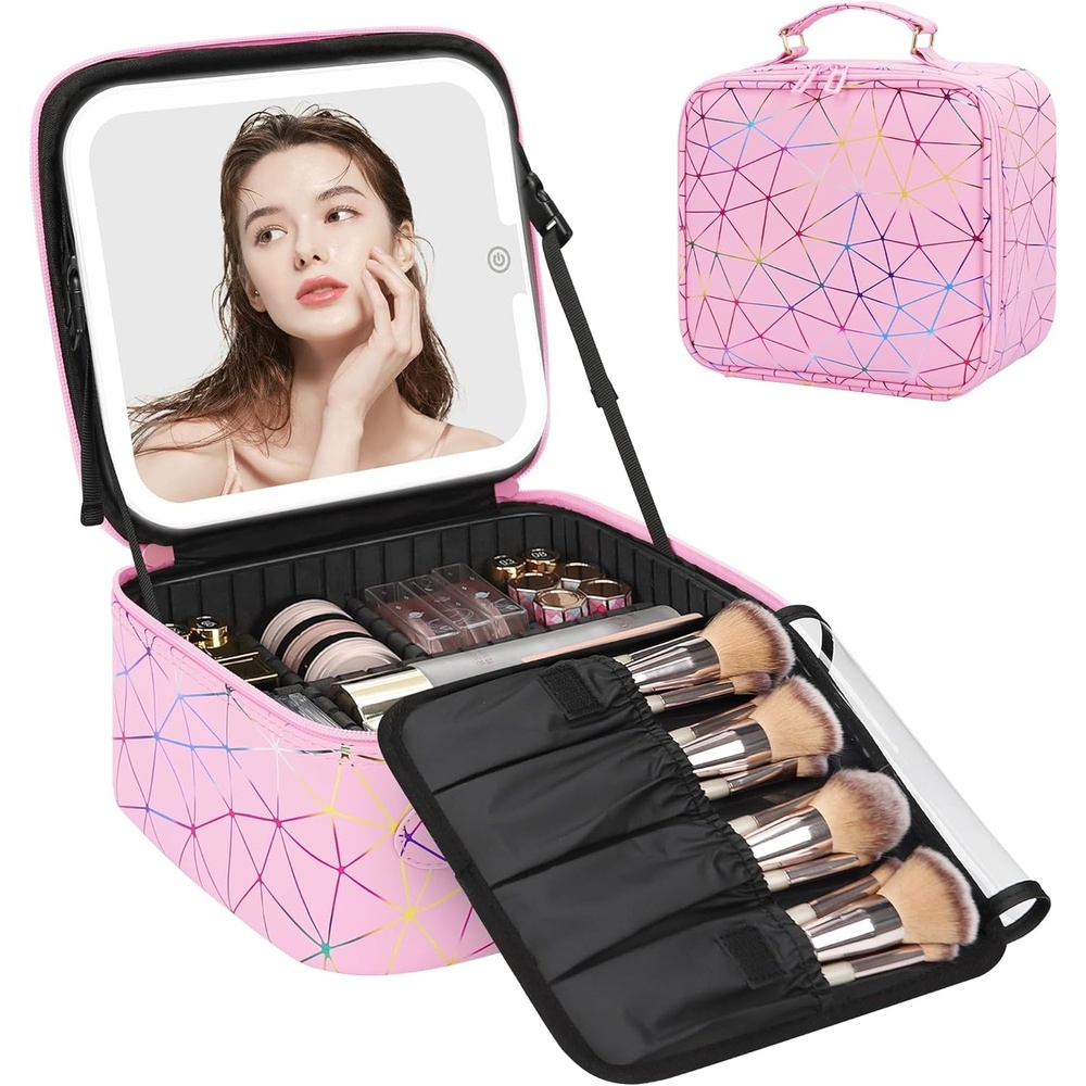 image:imageRelavel Travel Makeup Bag With LED Mirror 162 Large Makeup Train Case 3 Color Scenarios Adjustable Brightness Waterproof Makeup Train Case Organizer with DIY Dividers for Makeup Artist Black03PU Pink
