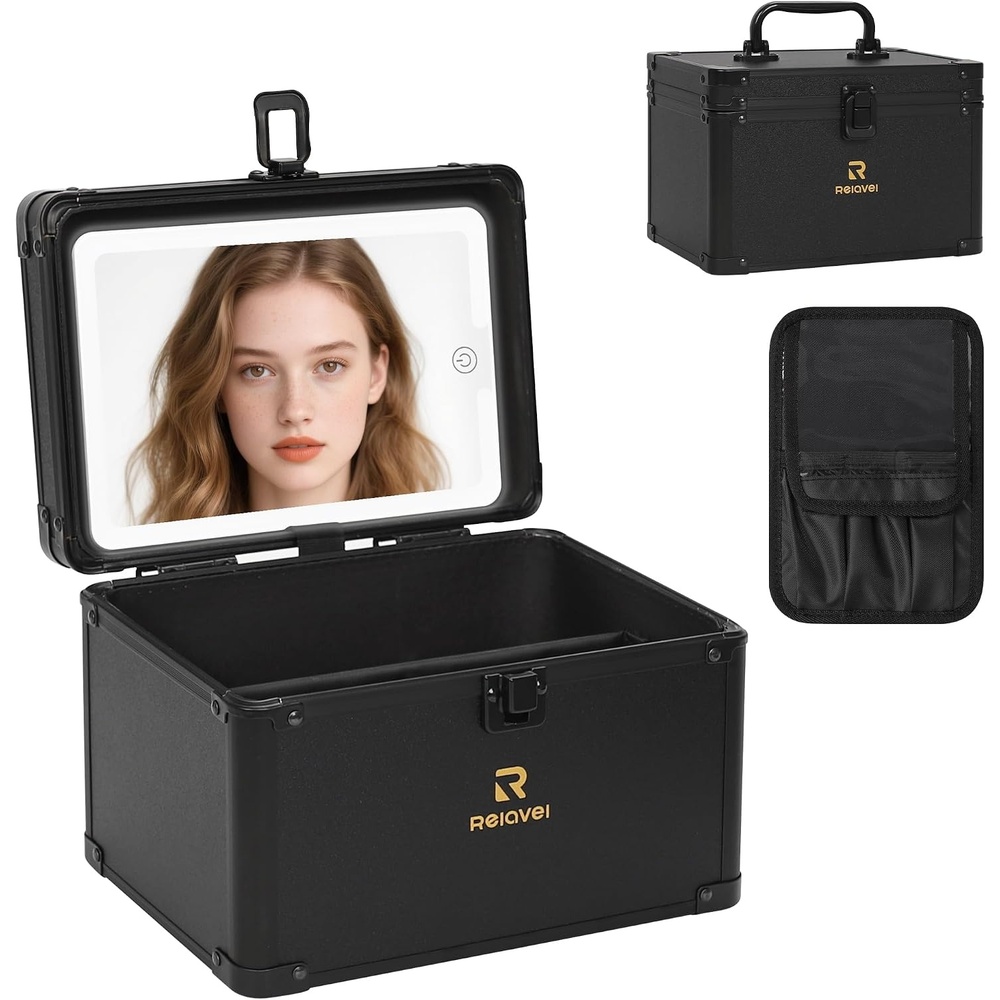 image:imageRelavel Travel Makeup Bag With LED Mirror 162 Large Makeup Train Case 3 Color Scenarios Adjustable Brightness Waterproof Makeup Train Case Organizer with DIY Dividers for Makeup Artist Black01Black