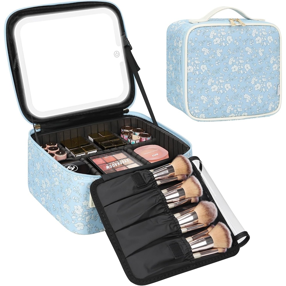 image:imageRelavel Travel Makeup Bag With LED Mirror 162 Large Makeup Train Case 3 Color Scenarios Adjustable Brightness Waterproof Makeup Train Case Organizer with DIY Dividers for Makeup Artist Black01White Flower