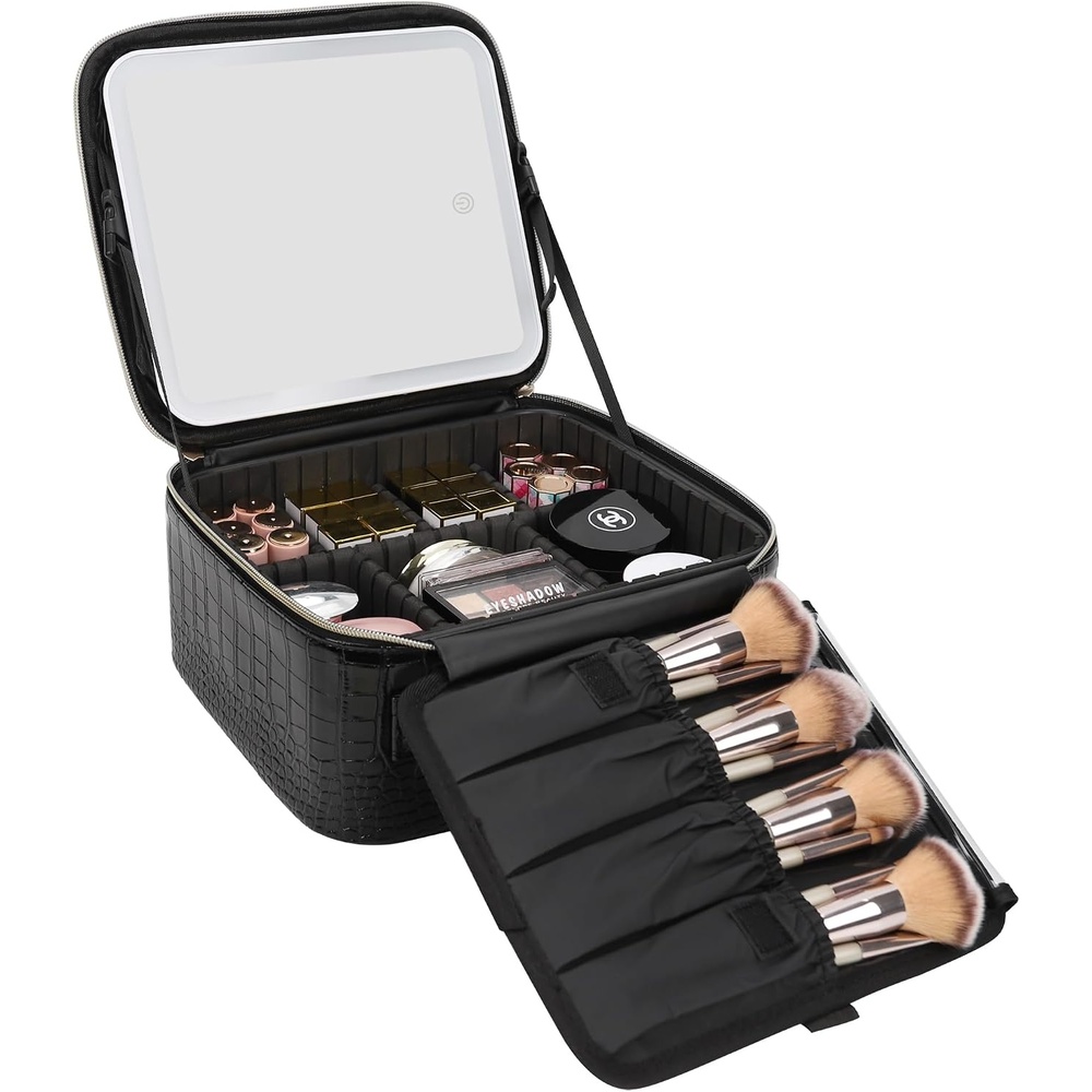 image:imageRelavel Travel Makeup Bag With LED Mirror 162 Large Makeup Train Case 3 Color Scenarios Adjustable Brightness Waterproof Makeup Train Case Organizer with DIY Dividers for Makeup Artist Black02Glossy Black