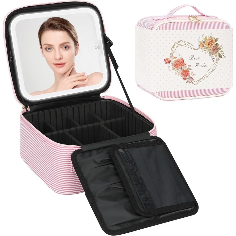 image:imageRelavel Travel Makeup Bag With LED Mirror 162 Large Makeup Train Case 3 Color Scenarios Adjustable Brightness Waterproof Makeup Train Case Organizer with DIY Dividers for Makeup Artist Black02Strip
