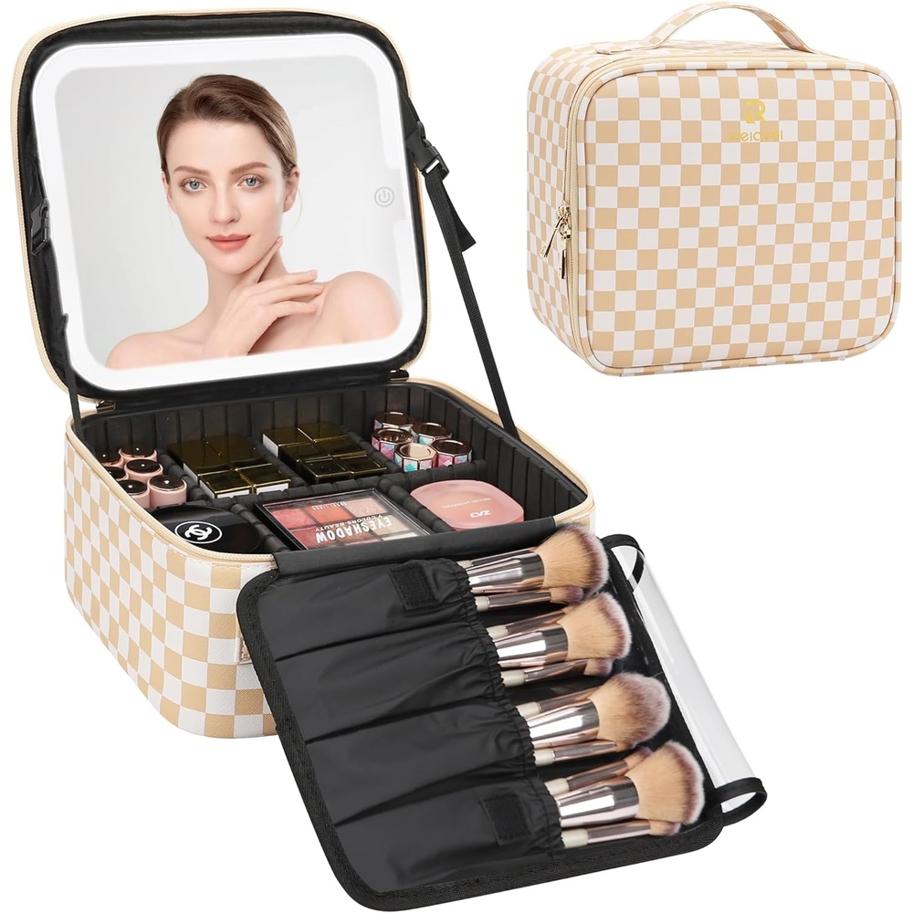 image:imageRelavel Travel Makeup Bag With LED Mirror 162 Large Makeup Train Case 3 Color Scenarios Adjustable Brightness Waterproof Makeup Train Case Organizer with DIY Dividers for Makeup Artist Black01Plaid