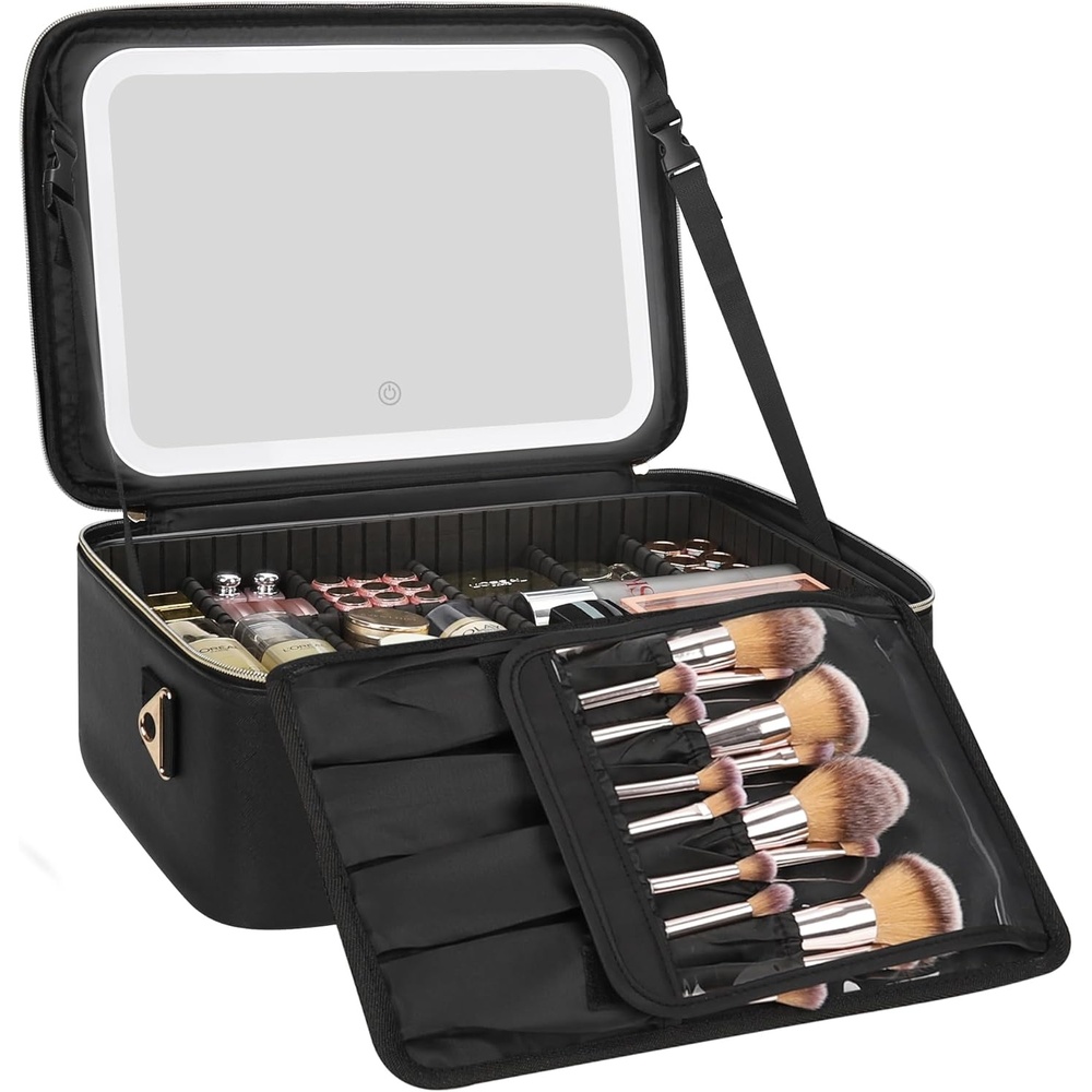 image:imageRelavel Travel Makeup Bag With LED Mirror 162 Large Makeup Train Case 3 Color Scenarios Adjustable Brightness Waterproof Makeup Train Case Organizer with DIY Dividers for Makeup Artist BlackBlack