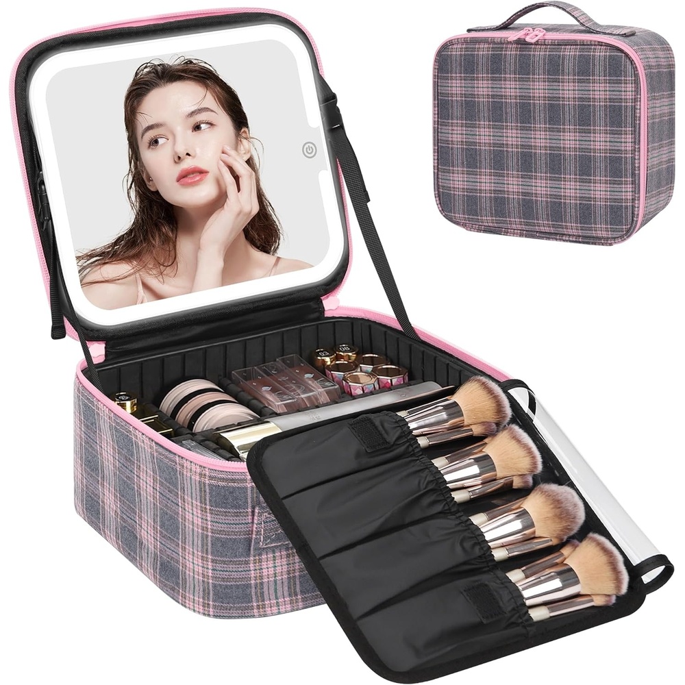 image:imageRelavel Travel Makeup Bag With LED Mirror 162 Large Makeup Train Case 3 Color Scenarios Adjustable Brightness Waterproof Makeup Train Case Organizer with DIY Dividers for Makeup Artist Black03Grey Strip