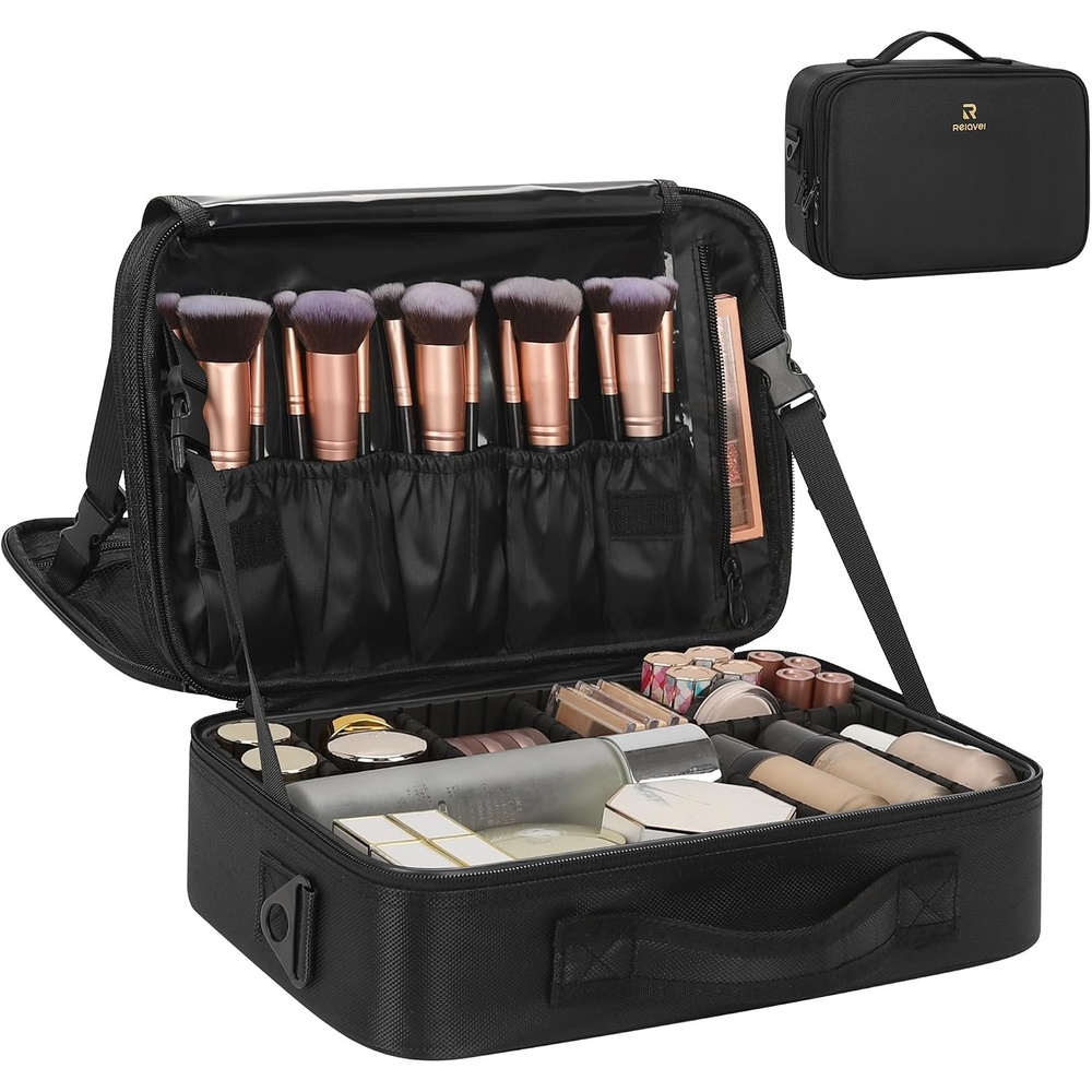 image:imageRelavel Travel Makeup Train Case Portable Cosmetic Case Makeup Organizer Professional Artist Storage Bag with Adjustable Dividers for Cosmetics Brushes Birthday Gifts for Girls Pink StripeBlack