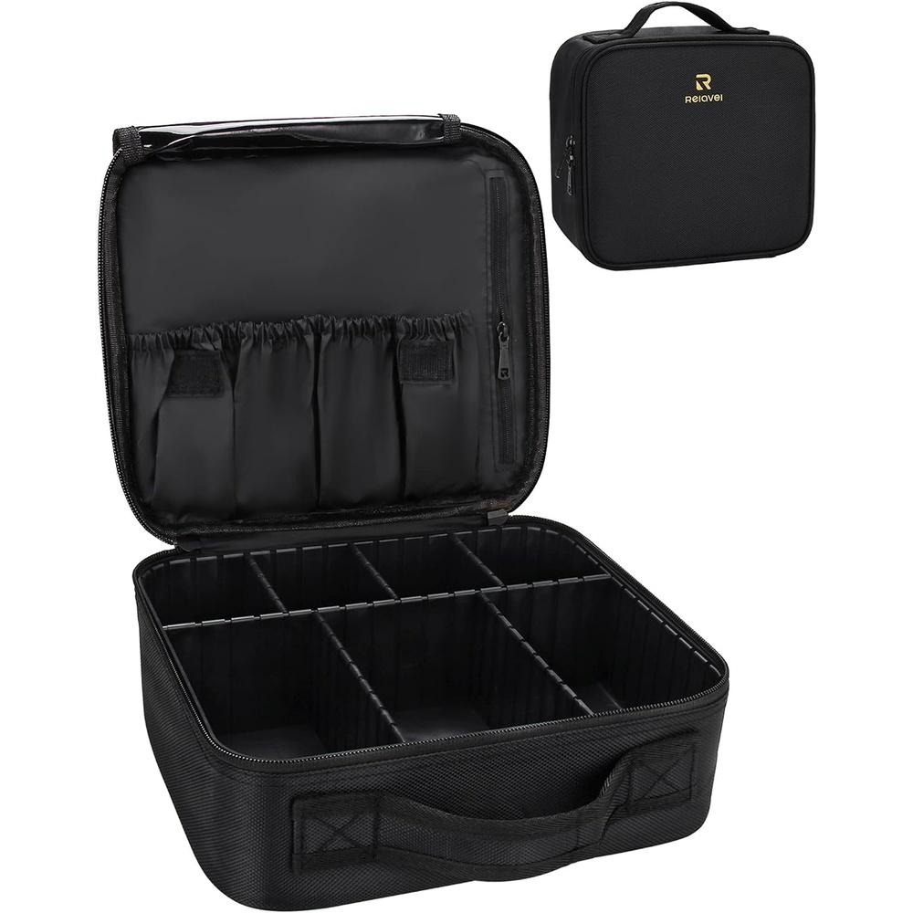 image:imageRelavel Travel Makeup Train Case Portable Cosmetic Case Makeup Organizer Professional Artist Storage Bag with Adjustable Dividers for Cosmetics Brushes Birthday Gifts for Girls Pink StripeBlack Plastic