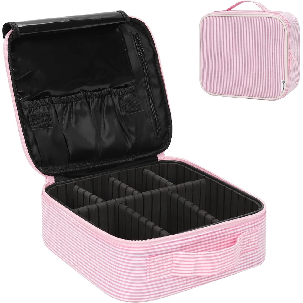 image:imageRelavel Travel Makeup Train Case Portable Cosmetic Case Makeup Organizer Professional Artist Storage Bag with Adjustable Dividers for Cosmetics Brushes Birthday Gifts for Girls Pink StripePink Pinstripe