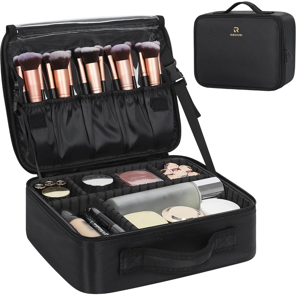 image:imageRelavel Travel Makeup Train Case Portable Cosmetic Case Makeup Organizer Professional Artist Storage Bag with Adjustable Dividers for Cosmetics Brushes Birthday Gifts for Girls Pink StripeBlack SM