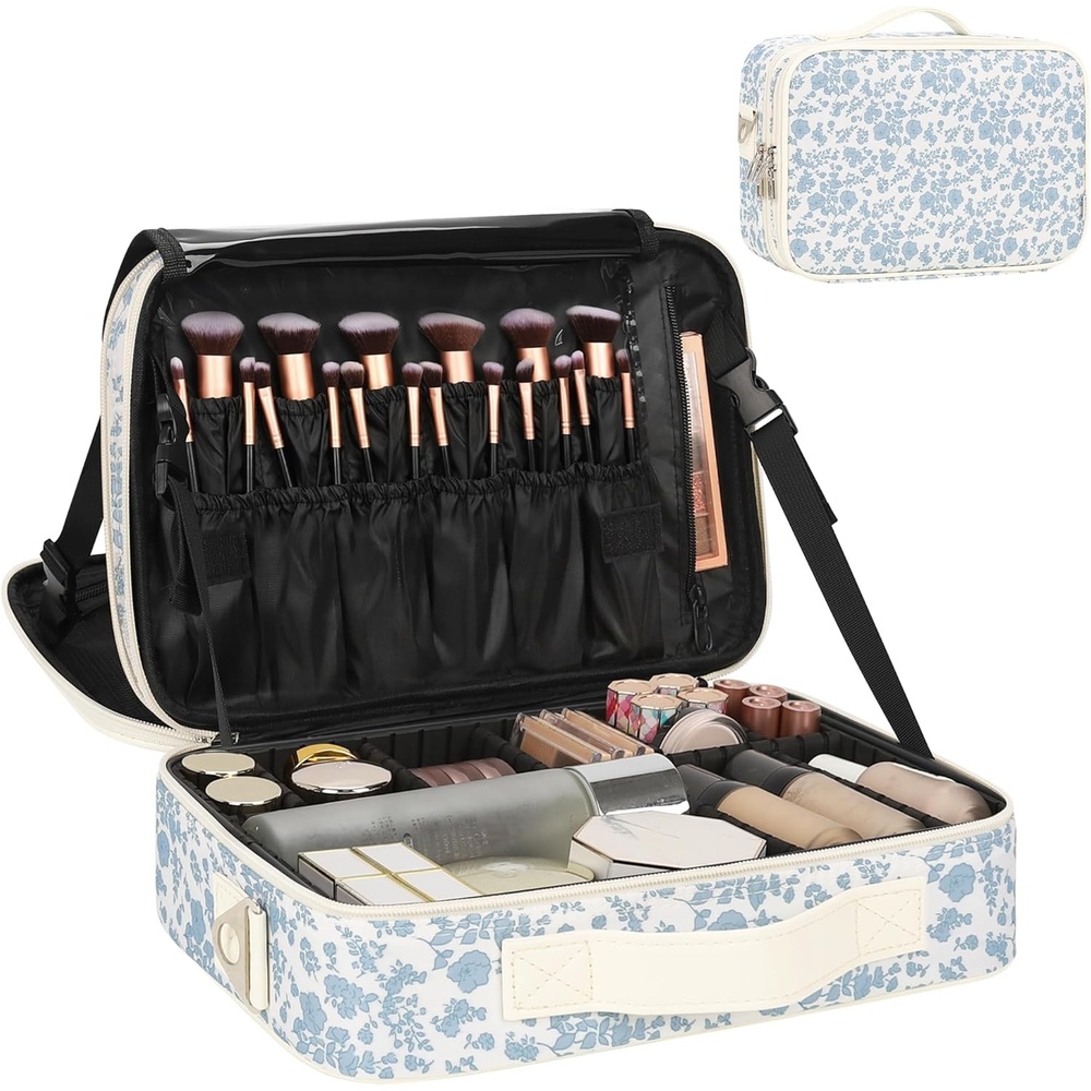 image:imageRelavel Travel Makeup Train Case Portable Cosmetic Case Makeup Organizer Professional Artist Storage Bag with Adjustable Dividers for Cosmetics Brushes Birthday Gifts for Girls Pink StripeFloral Print