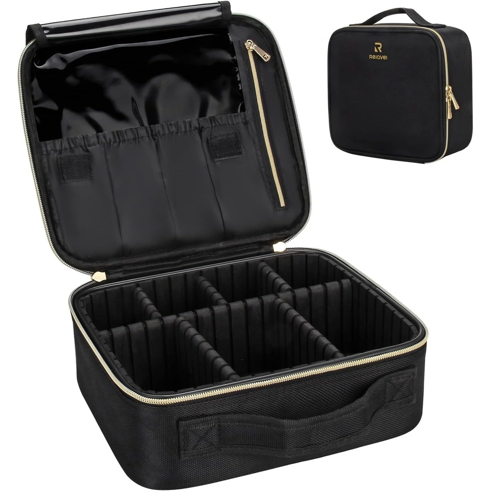 image:imageRelavel Travel Makeup Train Case Portable Cosmetic Case Makeup Organizer Professional Artist Storage Bag with Adjustable Dividers for Cosmetics Brushes Birthday Gifts for Girls Pink Stripeblack with golden zipper