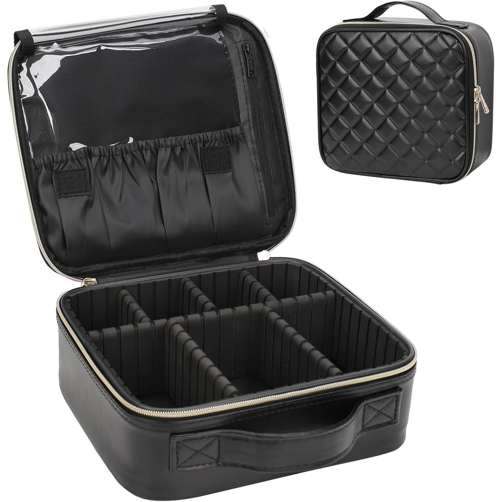 image:imageRelavel Travel Makeup Train Case Portable Cosmetic Case Makeup Organizer Professional Artist Storage Bag with Adjustable Dividers for Cosmetics Brushes Birthday Gifts for Girls Pink StripeQuilted Leather