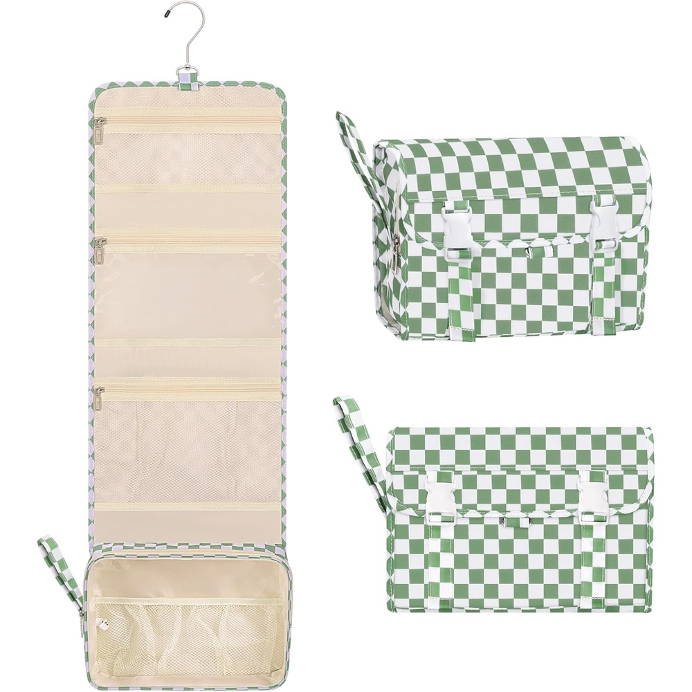 image:imageSmall Hanging Toiletry Bag for Men and Women Portable Hanging Organizer for TravelSized Shower Dopp Kit Makeup Accessories Waterproof Toiletries Organizer with 3 Compartments for Outdoor Black03 Green Checkboard