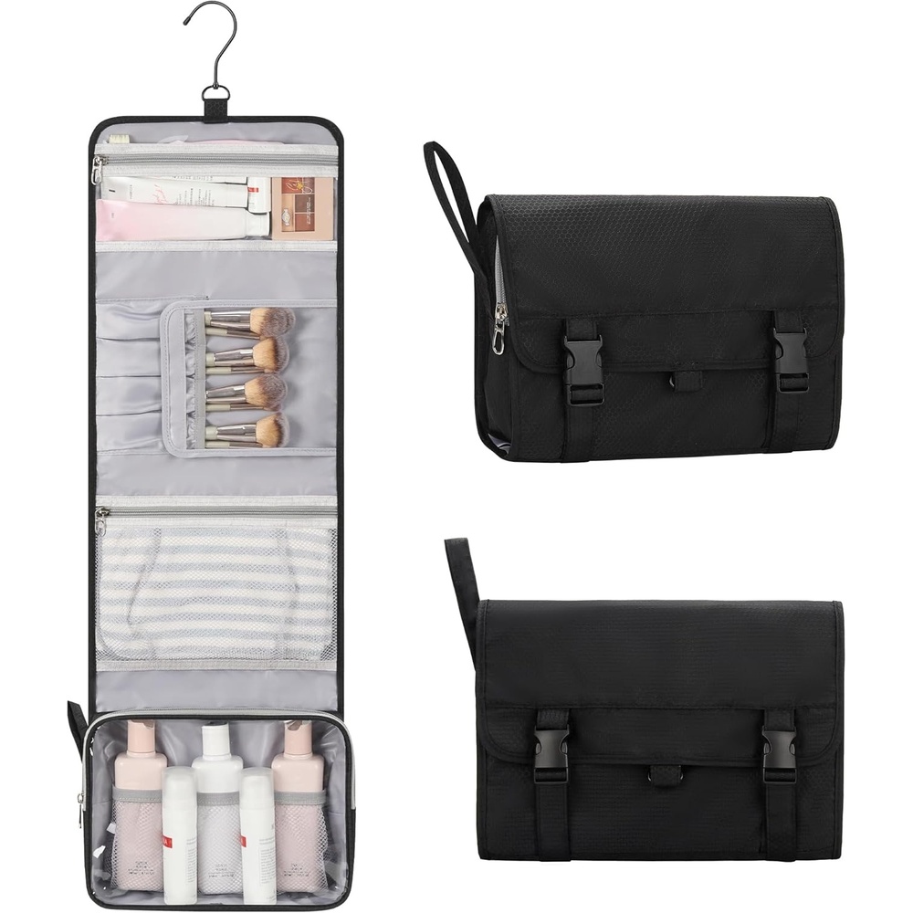 image:imageSmall Hanging Toiletry Bag for Men and Women Portable Hanging Organizer for TravelSized Shower Dopp Kit Makeup Accessories Waterproof Toiletries Organizer with 3 Compartments for Outdoor Black03 Black with Brush Board