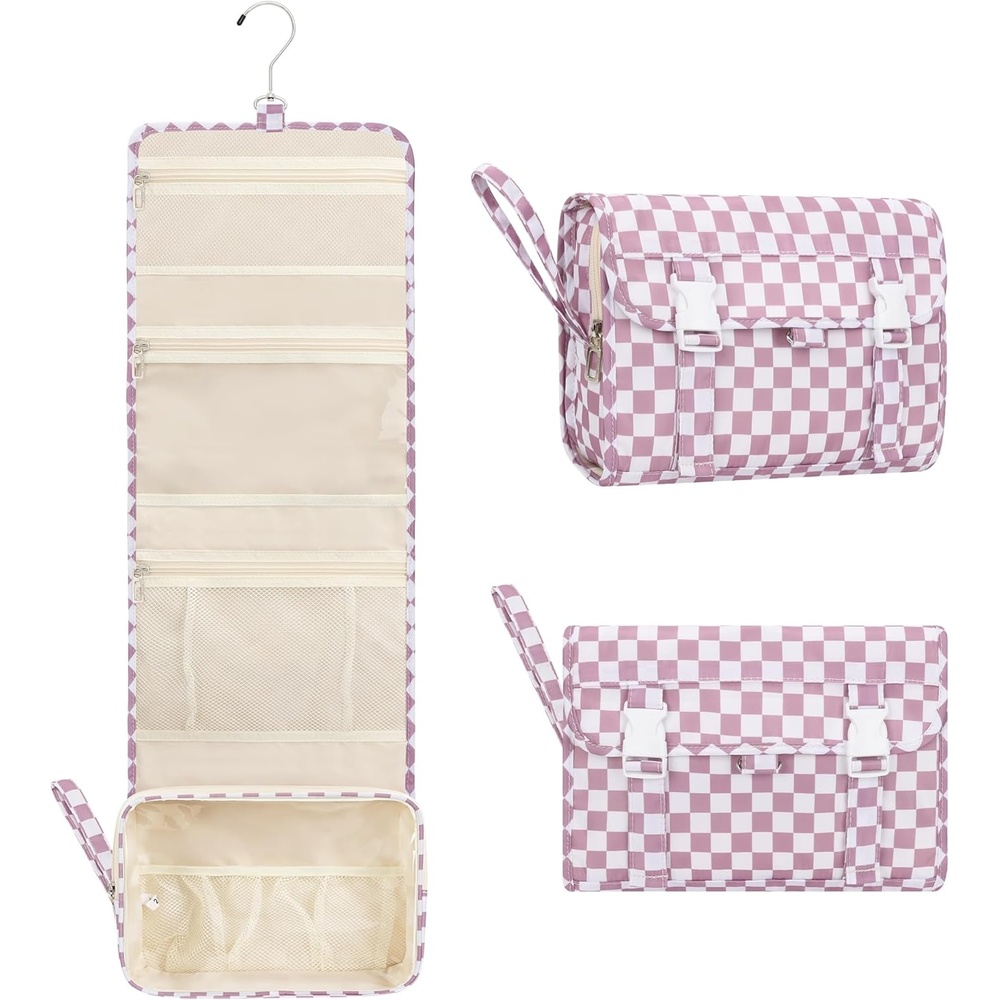 image:imageSmall Hanging Toiletry Bag for Men and Women Portable Hanging Organizer for TravelSized Shower Dopp Kit Makeup Accessories Waterproof Toiletries Organizer with 3 Compartments for Outdoor Black02 Purple Checkboard