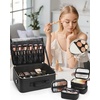 Relavel Extra Large Makeup Case Professional Cosmetic Storage Organizer Box Brush Holder with 4 Clear Set Bags & Lipstick Plate for Makeup Artists with Shoulder Strap & Adjustable Dividers(Black leather)