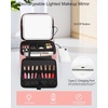 Relavel Makeup Bag with LED Mirror, Travel Makeup Case with Rechargeable Lighted Mirror 3 Color Lights, Dual Layer Cosmetic Box Makeup Brush Lipstick Holder Organizer for Women, Leather Pink