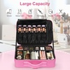 Relavel Makeup Case Large Makeup Bag Professional Train Case 16.5 inches Travel Cosmetic Organizer Brush Holder Waterproof Makeup Artist Storage Box, 3 Layer Large Capacity, with Adjustable Strap(Rose Pink)