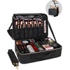 Relavel Makeup Case Large Makeup Bag Professional Train Case 16.5 inches Travel Cosmetic Organizer Brush Holder Waterproof Makeup Artist Storage Box, 3 Layer Large Capacity, with Adjustable Strap(Black Leather)