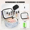 Relavel Mini Makeup Bag with Led Mirror, Small Floral Cosmetic Bag with 3 Light Modes, Rechargeable Portable Makeup Pouch with Hands-Free Wrist Strap for Pool Parties丨Work Touch-Ups丨Travel(01A-Blue Flower)