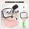 Relavel Mini Makeup Bag with Led Mirror, Small Floral Cosmetic Bag with 3 Light Modes, Rechargeable Portable Makeup Pouch with Hands-Free Wrist Strap for Pool Parties丨Work Touch-Ups丨Travel(01-Pink)