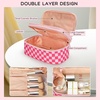 Relavel Travel Makeup Bag, Large Floral Cosmetic Bag with Makeup Brush Compartment, Portable Makeup Pouch for Women, Double Layer Makeup Organizer Bag Cute Toiletry Bag(01A-Hot Pink CheckBoard)