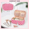Relavel Travel Makeup Bag, Large Floral Cosmetic Bag with Makeup Brush Compartment, Portable Makeup Pouch for Women, Double Layer Makeup Organizer Bag Cute Toiletry Bag(01A-Hot Pink CheckBoard)