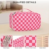Relavel Travel Makeup Bag, Large Floral Cosmetic Bag with Makeup Brush Compartment, Portable Makeup Pouch for Women, Double Layer Makeup Organizer Bag Cute Toiletry Bag(01A-Hot Pink CheckBoard)