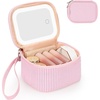 Relavel Mini Makeup Bag with Led Mirror, Small Floral Cosmetic Bag with 3 Light Modes, Rechargeable Portable Makeup Pouch with Hands-Free Wrist Strap for Pool Parties丨Work Touch-Ups丨Travel(01A-Pink Strip)