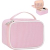 Relavel Travel Makeup Bag, Large Floral Cosmetic Bag with Makeup Brush Compartment, Portable Makeup Pouch for Women, Double Layer Makeup Organizer Bag Cute Toiletry Bag(01-Pink Strip)
