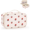 Relavel Travel Makeup Bag, Large Floral Cosmetic Bag with Makeup Brush Compartment, Portable Makeup Pouch for Women, Double Layer Makeup Organizer Bag Cute Toiletry Bag(01A-Strawberry)