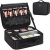 Relavel Travel Makeup Train Case, Portable Cosmetic Case Makeup Organizer, Professional Artist Storage Bag with Adjustable Dividers for Cosmetics Brushes, Birthday Gifts for Girls, Pink Stripe(Black S/M)