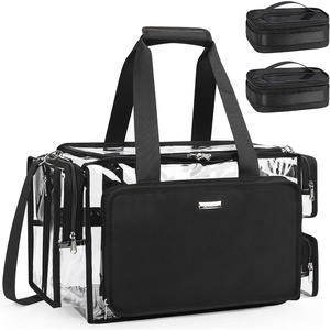 Relavel Clear Makeup Bag Extra Large Makeup Artist Kit Set, Cosmetic Storage Organizer Hair Stylist Traveling Bag, Transparent Tote Duffle Beach Toiletry Bag with Adjustable Dividers & Shoulder Strap(Clear with 2 small bags)