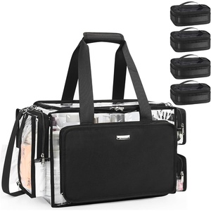 Relavel Clear Makeup Bag Extra Large Makeup Artist Kit Set, Cosmetic Storage Organizer Hair Stylist Traveling Bag, Transparent Tote Duffle Beach Toiletry Bag with Adjustable Dividers & Shoulder Strap(Clear with 4 Small Clear Bags)