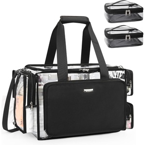 Relavel Clear Makeup Bag Extra Large Makeup Artist Kit Set, Cosmetic Storage Organizer Hair Stylist Traveling Bag, Transparent Tote Duffle Beach Toiletry Bag with Adjustable Dividers & Shoulder Strap(Clear with 2 Clear Pouches)