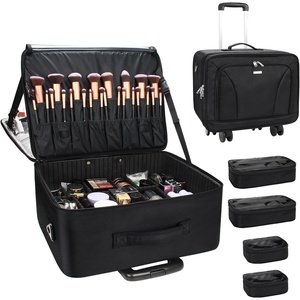 Relavel Extra Large Makeup Case Professional Cosmetic Storage Organizer Box Brush Holder with 4 Clear Set Bags & Lipstick Plate for Makeup Artists with Shoulder Strap & Adjustable Dividers(Black with 4 Small Bags)