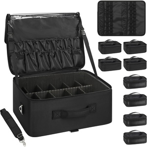 Relavel Extra Large Makeup Case Professional Cosmetic Storage Organizer Box Brush Holder with 4 Clear Set Bags & Lipstick Plate for Makeup Artists with Shoulder Strap & Adjustable Dividers(Black with extra 4 samll bags)