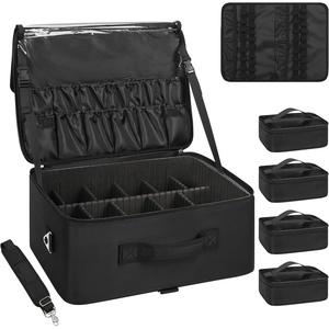 Relavel Extra Large Makeup Case Professional Cosmetic Storage Organizer Box Brush Holder with 4 Clear Set Bags & Lipstick Plate for Makeup Artists with Shoulder Strap & Adjustable Dividers(Black)