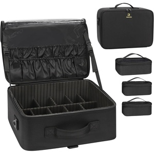 Relavel Extra Large Makeup Case with 4 Pcs Makeup Bags, Professional Makeup Artist Set Portable Nail Organizer Box Art Supply Case with Adjustable Dividers (5 Pack, black)(Black with 3 clear bags)