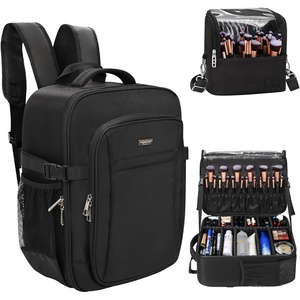 Relavel Makeup Backpack, Professional Travel Train Case Makeup Artist Kit Set Bag for Women Extra Large Cosmetic Organizer, Brush Storage Holder, with Adjustable High Dividers, Black(pro black and brush case)