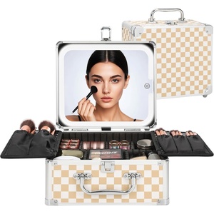 Relavel Makeup Bag with LED Mirror, Makeup Box Travel Train Case with Rechargeable Lighted Mirror & Adjustable Dividers, Cosmetic Brush Organizer Storage for Makeup Artists Gifts for Women and Girls(Plaid)