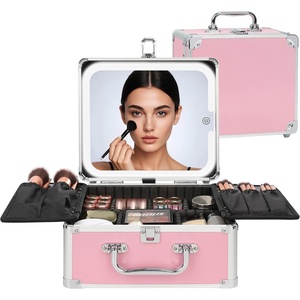 Relavel Makeup Bag with LED Mirror, Makeup Box Travel Train Case with Rechargeable Lighted Mirror & Adjustable Dividers, Cosmetic Brush Organizer Storage for Makeup Artists Gifts for Women and Girls(Pink 2)
