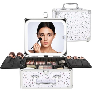 Relavel Makeup Bag with LED Mirror, Makeup Box Travel Train Case with Rechargeable Lighted Mirror & Adjustable Dividers, Cosmetic Brush Organizer Storage for Makeup Artists Gifts for Women and Girls(White)