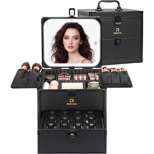 Relavel Makeup Bag with LED Mirror, Makeup Box Travel Train Case with Rechargeable Lighted Mirror & Adjustable Dividers, Cosmetic Brush Organizer Storage for Makeup Artists Gifts for Women and Girls(black 2 layer)